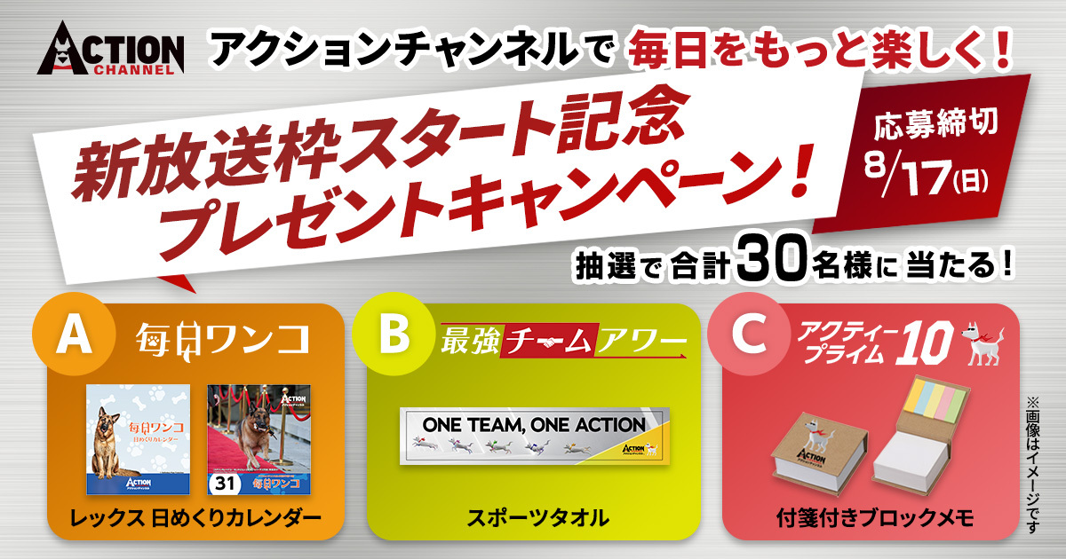 アクションチャンネルで毎日をもっと楽しく！新放送枠スタート記念 プレゼントキャンペーン！